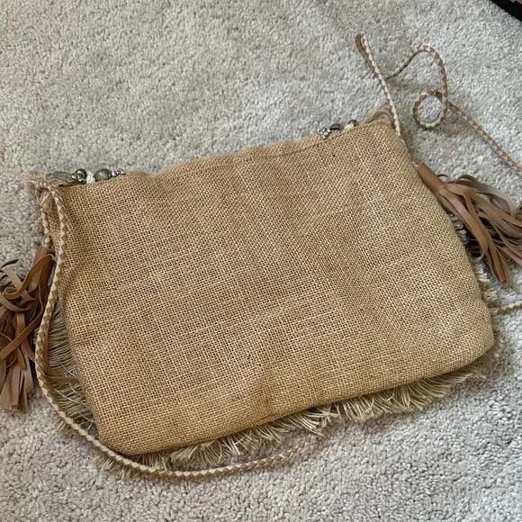 SHASHI Fringe Embellished Clutch - Tan and Silver - Picture 5 of 5